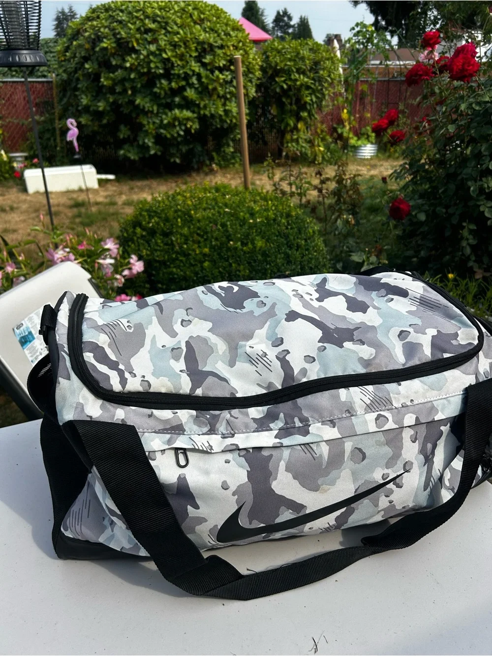 Nike Brasila Men's Grey Camo Duffel Bag with Black Accents large Duffle Bag